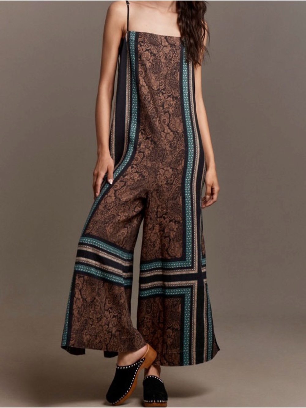 Anthropologie Brown Paisley Wide-Leg Linen Jumpsuit